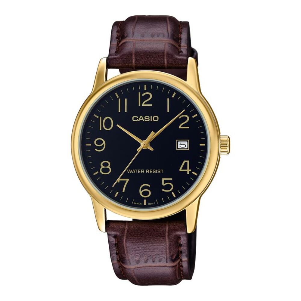 Casio Men’s Gold Watch with Black Dial and Brown Leather Band -